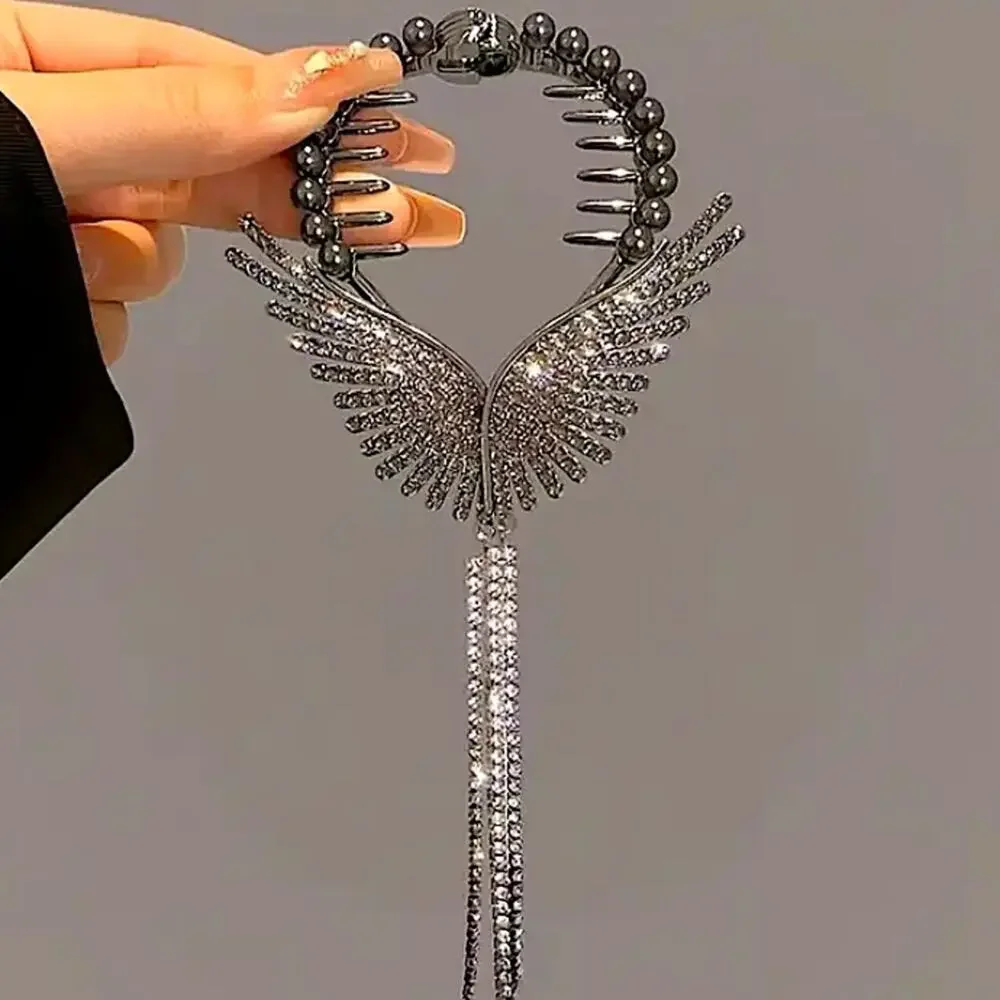 Silver Pearl Rhinestone Angel Wing Hair Clip Claw Hair Accessory